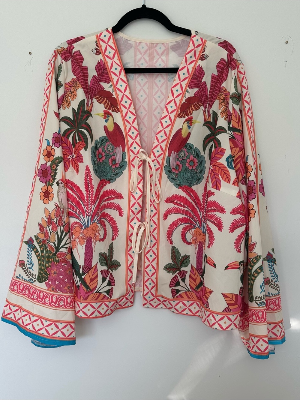 SHEIN Pink White Tropical Tie-Front Cover-Up Jacket